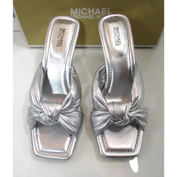 Michael Kors Elena Heeled Slide Sandal Knotted Strap Leather Silver - Picture 6 of 7